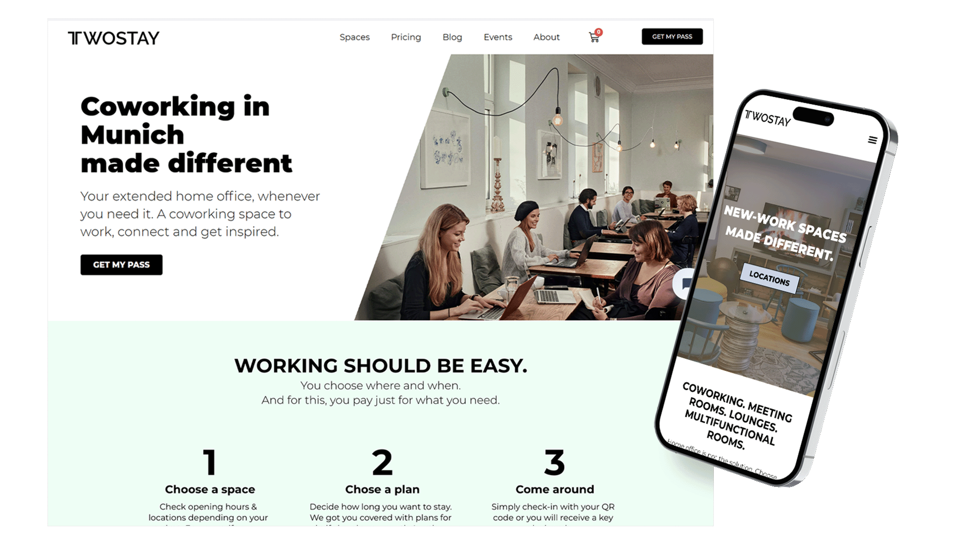 Twostay coworking website on laptop and phone