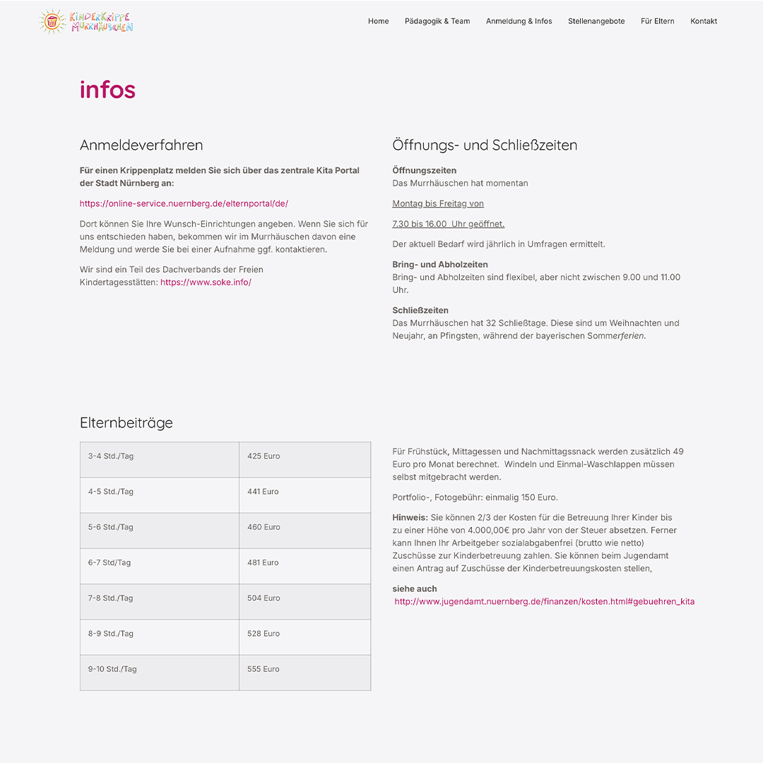 Detailansicht der Website des Kindergartens Murrhäuschen